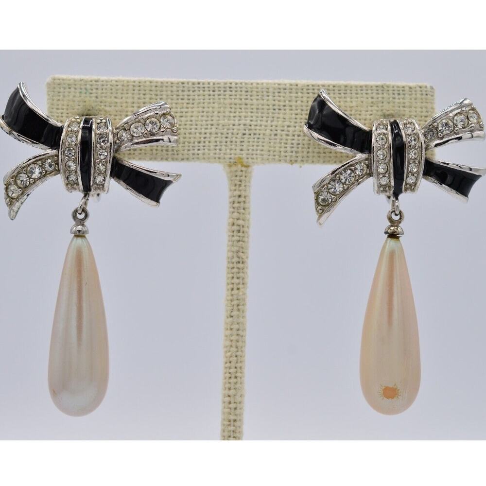 Givenchy Vintage Bow Clip On Earrings Black Pearl Rhinestone Enamel Signed BinAF